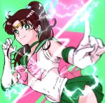  1girl aino_minako bishoujo_senshi_sailor_moon bow breasts brown_hair gloves green_background green_sailor_collar green_skirt highres kino_makoto magical_girl pink_bow sailor_collar skirt smile solo tai_urns white_gloves 