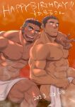  2boys abs arm_around_shoulder ass bara blush borrowed_character dark-skinned_male dark_skin facial_hair feet_out_of_frame goatee happy_birthday highres large_pectorals leaning_on_person leaning_to_the_side long_sideburns looking_at_viewer male_focus mature_male multiple_boys muscular muscular_male navel navel_hair nipples original pectorals sauna short_hair sideburns sitting sparse_chest_hair sparse_leg_hair steam stomach sweat thick_eyebrows thick_thighs thighs topless_male towel_around_waist undercut v very_sweaty yakisoba_ohmori yaoi 