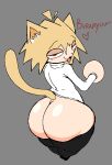  &lt;3 animal_ears animal_humanoid animal_tail big_butt black_bottomwear black_clothing black_pants blonde_hair bottom_heavy bottomwear bottomwear_down butt cat_humanoid clothed clothing dialogue felid felid_humanoid feline feline_humanoid female grey_background hair huge_butt humanoid looking_at_viewer looking_back looking_back_at_viewer mammal mammal_humanoid melty_blood nanodude78 neco-arc pants pants_down partially_clothed rear_view red_eyes shirt short_stack simple_background solo tan_body tan_skin text topwear tsukihime type-moon white_clothing white_shirt white_topwear 