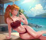  1girl bikini blue_eyes breasts brown_hair cellphone cleavage commentary_request day feet_out_of_frame holding holding_phone interface_headset kuo_chun_yu lens_flare long_hair medium_breasts navel neon_genesis_evangelion ocean phone red_bikini selfie smartphone solo souryuu_asuka_langley spaghetti_strap swimsuit tankini twintails variant_set 