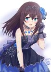  1girl bare_shoulders black_dress black_hair blue_eyes blue_flower blush breasts collarbone dated dress floral_print flower gloves grey_gloves hair_between_eyes hair_flower hair_ornament hair_ribbon hairband hand_in_own_hair highres idolmaster idolmaster_cinderella_girls idolmaster_cinderella_girls_starlight_stage jewelry large_breasts layered_dress long_hair looking_at_viewer open_mouth pendant_choker ribbon sagisawa_fumika sekiya_kuzuyu signature simple_background smile solo white_background 