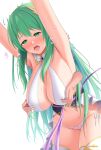  armpits blush breasts cleavage collar disembodied_limb green_eyes green_hair hair_ornament heart highres huge_breasts navel nipple_rub open_mouth original panties shirayuiii side-tie_panties solo_focus spoken_heart sweat thighhighs thighs trembling underwear white_background 