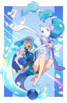  1girl :d aqua_eyes aqua_hair arutarika_(ri_kaoekaki) ball bare_arms barefoot beachball bright_pupils colored_eyelashes commentary_request crossover grey_headwear highres holding legs long_hair open_mouth outstretched_arm pokemon pokemon_(creature) primarina project_voltage shorts smile swimsuit teeth toes tongue twintails upper_teeth_only visor_cap vocaloid water_miku_(project_voltage) white_pupils 