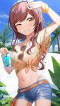  1girl arm_up beach belt blue_hairband blue_nails blue_shorts brown_belt brown_hair cowboy_shot cup denim denim_shorts drink drinking_glass eyewear_hang eyewear_removed hairband highres holding holding_cup idolmaster idolmaster_shiny_colors kurageso long_hair looking_at_viewer navel one_eye_closed osaki_amana palm_tree sand see-through see-through_shirt shirt short_shorts shorts smile solo standing stomach sunglasses swimsuit swimsuit_under_clothes tied_shirt tree yellow_eyes 