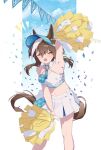  1girl animal_ears bare_shoulders blue_archive blush breasts brown_hair cheval_grand_(umamusume) closed_eyes cloud confetti feet_out_of_frame highres horse_ears horse_girl horse_tail long_hair midriff millennium_cheerleader_outfit_(blue_archive) navel open_mouth outstretched_arm pom_pom_(cheerleading) renma_(renma_0503) shirt skirt sleeveless sleeveless_shirt small_breasts solo standing string_of_flags tail twitter_username umamusume visor_cap watermark white_skirt 