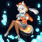  1girl animal_ears blazer extra_ears fox_ears fox_girl fox_tail gloves grey_hair hat highres island_fox_(kemono_friends) jacket kemono_friends kemono_friends_v_project long_hair multicolored_hair necktie ni_daco orange_hair pantyhose ribbon shirt shoes simple_background skirt solo tail twintails two-tone_hair virtual_youtuber yellow_eyes 