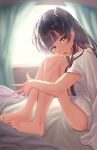  1girl :o absurdres bare_legs barefoot bed_sheet black_hair blush hand_on_own_hip head_tilt highres idolmaster idolmaster_shiny_colors indoors knees_up looking_at_viewer looking_to_the_side mayuzumi_fuyuko misanga_(hxjd5354) naked_shirt on_bed shirt shirt_on_shoulders sitting solo sunlight sweatdrop toes two_side_up white_shirt 