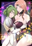  2girls absurdres armor asymmetrical_docking bare_shoulders blue_eyes blush breast_press breasts cape circlet cleavage collarbone commission cornelia_arnim detached_sleeves dress elbow_gloves feather_trim feathers fire_emblem fire_emblem:_the_sacred_stones fire_emblem:_three_houses gloves green_hair head_on_chest highres holding_to_chest ihsnet jewelry key key_necklace l&#039;arachel_(fire_emblem) large_breasts long_hair looking_at_viewer magic mature_female medium_breasts mole mole_above_mouth mole_on_breast multiple_girls navel necklace pink_hair plunging_neckline ponytail side_slit smile thighs white_gloves yuri 