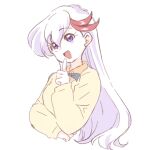  1girl absurdres aikawa_akane blue_bow blue_bowtie bow bowtie brown_sweater commentary head_tilt highres index_finger_raised long_hair looking_to_the_side mahou_tsukai_tai! mayoineko multicolored_hair purple_eyes purple_hair red_hair simple_background solo streaked_hair sweater two-tone_hair upper_body white_background 