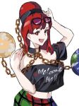  1girl :d aojirozame1228 arm_up bare_arms bare_shoulders chain commentary_request contrapposto eyewear_on_head gold_chain hecatia_lapislazuli midriff navel off-shoulder_shirt off_shoulder open_mouth red_eyes red_hair shade shirt simple_background smile solo touhou upper_body white_background 