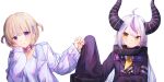  2girls absurdres ahoge blonde_hair choker collar commentary_request fist_bump grey_hair highres hololive horns jacket la+_darknesss long_hair metal_collar multiple_girls pointy_ears purple_eyes short_twintails sleeves_past_fingers sleeves_past_wrists smile sorainu1211eaka todoroki_hajime twintails virtual_youtuber white_background yellow_eyes 