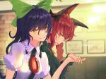  2girls absurdres animal_ear_fluff animal_ears backlighting black_hair blurry blurry_background braid breasts cat_ears chest_jewel commentary_request dress extra_ears frilled_shirt_collar frills from_side green_dress hair_between_eyes hand_up highres interlocked_fingers kaenbyou_rin kiritanpo117 long_hair looking_at_viewer multiple_girls orange_eyes profile puffy_short_sleeves puffy_sleeves red_hair reiuji_utsuho short_sleeves sideways_glance signature small_breasts touhou twin_braids upper_body yuri 