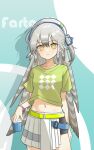  1girl alternate_costume arknights breasts bright_pupils character_name cowboy_shot cup drop_shadow fartooth_(arknights) feather_hair green_shirt grey_hair hair_between_eyes hat highres holding holding_cup jiuyu_qame long_hair looking_at_viewer midriff navel one_side_up shirt short_sleeves simple_background skirt small_breasts solo t-shirt white_headwear white_pupils white_skirt yellow_eyes 