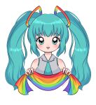  1990s_(style) 1girl :3 absurdres blue_eyes blue_hair blue_nails blue_necktie blush breasts chelly_(chellyko) flag grey_shirt hatsune_miku highres holding long_hair looking_at_viewer medium_breasts necktie open_mouth pride_month rainbow rainbow_flag retro_artstyle shirt sleeveless sleeveless_shirt smile solo standing twintails upper_body vocaloid white_background 