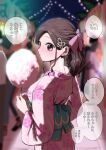  back blush brown_hair cotton_candy ear_piercing earrings flower hair_ornament highres japanese_clothes jewelry kimono long_hair looking_at_viewer night original outdoors piercing pink_nails ponytail purple_eyes sash solo_focus sweat translated zurikishi 