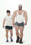  2boys arm_hair bara beard black-framed_eyewear black_shorts blush borrowed_character character_request chest_hair facial_hair full_body glasses grey_hair grey_shorts hairy highres large_pectorals leg_hair long_sideburns looking_at_another looking_to_the_side male_focus mature_male multicolored_hair multiple_boys muscular muscular_male old old_man original pectorals selkiro shoes short_hair shorts shy sideburns sneakers tank_top thick_eyebrows thick_mustache thighs two-tone_hair veins veiny_arms walking white_tank_top yaoi 