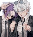  2boys :o absurdres bespectacled black_jacket black_necktie blue_lock border collared_shirt commentary eyewear_on_head formal fuyutsuki glasses hair_between_eyes highres jacket lapels long_sleeves male_focus mikage_reo monochrome multiple_boys nagi_seishirou necktie notched_lapels open_collar open_mouth purple_eyes purple_hair round_eyewear shirt short_hair suit teeth tongue tongue_out upper_body upper_teeth_only v white_border white_shirt 