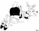  2021 anthro antlers bdsm bondage bottomwear bound butt capreoline clothed clothing deer eyes_closed fan_character feathers female fur hooves horn inner_ear_fluff laugh lying mammal marcushunter monochrome on_front open_mouth raised_tail reindeer shirt shorts signature solo tail tank_top teeth tickle_torture tickling tickling_feet tongue topwear tuft 