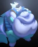  3_toes 4_ears absurd_res ambiguous_gender anthro belly big_belly blue_body blue_fur feet fur hi_res huge_belly lightalbane_(character) machine male multi_ear obese obese_anthro overweight overweight_anthro pichurria protogen protogen_visor solo toes white_body white_fur 