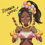  1girl :d absurdres brown_hair crop_top dark-skinned_female dark_skin fire_emblem fire_emblem_engage food hair_ornament highres holding holding_food looking_at_viewer midriff open_mouth ponytail red_eyes smile solo star-shaped_pupils star_(symbol) symbol-shaped_pupils tak0baka teeth thank_you timerra_(fire_emblem) upper_body upper_teeth_only v yellow_background 