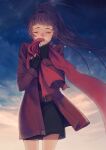  1girl absurdres arc_the_lad belt black_skirt cloud crying fingerless_gloves finia gloves highres iro_saki jacket long_hair long_sleeves ponytail purple_hair red_scarf scarf skirt solo standing 