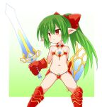  1girl armor armored_boots bikini_armor blush boots bow flat_chest gloves green_hair hair_bow highres holding holding_shield holding_sword holding_weapon kso legs_apart navel original pointy_ears ponytail red_bow red_eyes red_gloves serious shield solo sword weapon 