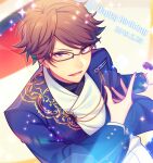 1boy brown_hair chi_yu commentary_request dated ensemble_stars! glasses happy_birthday holding holding_microphone kunugi_akiomi long_sleeves lower_teeth_only male_focus microphone open_mouth purple_eyes short_hair solo star_(symbol) teeth upper_body 