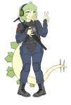  5_fingers alpha_channel anthro armor armored_vest automatic_weapon blue_eyes body_armor boots clothed clothing colored dinosaur earmuffs female fingers footwear french_flag gesture gign goodbye_volcano_high green_body green_hair green_scales green_spikes gun hair heckler_and_koch hi_res holding_gun holding_object holding_submachine_gun holding_weapon insignia knock-kneed long_tail looking_at_viewer mp5 ornithischian plantigrade police_uniform ranged_weapon reptile scales scalie shoulder_pads simple_background smile snoot_game snout solo spiked_tail spikes spikes_(anatomy) standing stegosaurian stegosaurus stella_(snoot_game) tail tail_plates thyreophoran transparent_background uniform unknown_artist v_sign weapon 