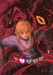  1boy absurdres blue_eyes brown_hair champion&#039;s_tunic_(zelda) earrings gauntlets gloom_hands hand_eye heads-up_display highres jewelry link one_eye_closed open_mouth pointy_ears shinnya the_legend_of_zelda the_legend_of_zelda:_tears_of_the_kingdom 