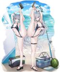  2girls adapted_costume animal_ear_fluff animal_ears ass bag beach black_choker black_one-piece_swimsuit blue_archive blue_eyes blue_halo breasts choker collarbone cross_hair_ornament dark_halo earrings extra_ears food fruit full_body grey_hair hair_ornament halo highres jewelry large_breasts lichiko long_hair looking_at_viewer medium_breasts medium_hair mismatched_pupils multiple_girls navel ocean one-piece_swimsuit partially_visible_vulva pussy sandals shiroko_(blue_archive) shiroko_(swimsuit)_(blue_archive) shiroko_terror_(blue_archive) split standing standing_on_one_leg standing_split swimsuit thigh_strap watermelon wolf_ears 