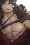  1boy absurdres bara black_hair blue_eyes clive_rosfield clothes_pull facial_mark final_fantasy final_fantasy_xvi highres large_pectorals looking_at_viewer male_focus muscular muscular_male nipples pectorals red_shirt reddjackal shirt shirt_pull short_hair solo twitter_username upper_body 