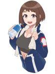  1girl black_sports_bra blue_jacket boku_no_hero_academia bottle breasts brown_eyes brown_hair cleavage highres holding holding_bottle jacket kobaji light_blush looking_at_viewer medium_breasts medium_hair open_mouth partially_unzipped simple_background solo sports_bra sweat towel towel_around_neck u.a._gym_uniform uraraka_ochako water_bottle white_background 