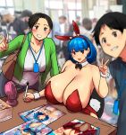  1boy 2girls animal_ears bag bare_shoulders black_bow black_bowtie black_hair black_shirt blue_hair blurry blurry_background blush bow bowtie breasts brown_bag brown_eyes character_signature cleavage detached_collar electric_fan erkaz fake_animal_ears green_shirt hairband highres holding holding_pen huge_breasts leotard medium_hair multiple_girls open_mouth original parted_lips pen photo_background playboy_bunny rabbit_ears rabbit_tail red_hairband red_leotard rina_atherina shadow shirt short_hair shoulder_bag sitting smile strapless strapless_leotard table tail white_shirt wrist_cuffs 