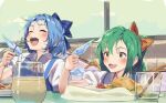  2girls :d bendy_straw blue_bow blue_dress blue_hair blue_wings blush bow brown_bow burger cirno collared_shirt commentary_request cup daiyousei detached_wings dress drink drinking_glass drinking_straw earrings fang food fork french_fries green_eyes green_hair hair_between_eyes hair_bow hair_intakes highres holding holding_fork ice ice_wings jewelry lamb_(hitsujiniku) long_hair multiple_girls neck_ribbon one_side_up plate puffy_short_sleeves puffy_sleeves red_ribbon ribbon shirt short_sleeves sleeveless sleeveless_dress smile thick_eyebrows touhou white_shirt window wings 
