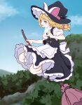  1girl :d absurdres apron black_vest blonde_hair broom broom_riding cloud commentary_request day hair_ribbon hat highres kame_(kamepan44231) kirisame_marisa long_hair looking_ahead orange_eyes outdoors puffy_short_sleeves puffy_sleeves ribbon short_sleeves sky smile solo touhou tress_ribbon unfinished_dream_of_all_living_ghost vest waist_apron witch_hat 