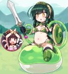 2girls armor bikini_armor blush breasts brown_hair day forest gloves grass green_armor green_hair holding holding_shield holding_sword holding_weapon imminent_penetration long_hair mountainous_horizon multiple_girls nature navel null_(nyanpyoun) open_mouth outdoors red_eyes restrained riding shield slime_(creature) small_breasts straddling surprised sword tentacles touhoku_kiritan touhoku_zunko underwear v-shaped_eyebrows voiceroid weapon wide-eyed x_arms yellow_eyes 