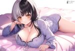  :3 averageartist bed bed_sheet black_hair blush breasts brown_eyes cleavage closed_mouth collarbone commentary_request highres hololive hololive_english large_breasts long_hair long_sleeves looking_at_viewer lying on_bed on_stomach pajamas shiori_novella sleepwear smile twitter_username virtual_youtuber white_background 