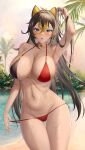  1girl :o absurdres arm_up armpits bare_shoulders bikini bikini_pull black_hair blonde_hair blue_eyes blush breasts cleavage clothes_pull collarbone crossed_bangs dangle_earrings dark-skinned_female dark_skin dehya_(genshin_impact) earrings fingernails genshin_impact gold_choker hair_between_eyes hair_ears hair_intakes hand_in_own_hair highres jewelry laochen large_breasts linea_alba long_hair looking_at_viewer multicolored_hair navel o-ring o-ring_bikini oasis outdoors pulled_by_self red_bikini sand single_earring skindentation sky solo stomach streaked_hair swimsuit thigh_gap thighs toned tree two-tone_hair water wet 