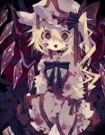  1girl :d @_@ absurdres apron bandaid bandaid_on_face black_choker blonde_hair blood blood_on_clothes choker commentary_request cowboy_shot crystal fangs flandre_scarlet hat hat_ribbon highres long_sleeves looking_at_viewer mob_cap muted_color neck_ribbon nikorashi-ka open_mouth red_eyes red_ribbon red_skirt red_vest ribbon shirt side_ponytail skirt smile solo sweatdrop touhou vampire vest waist_apron white_apron white_headwear white_shirt wings 