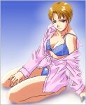  1990s_(style) 1girl barefoot blue_background blue_bra blue_panties bra long_sleeves looking_at_viewer lowres nakamura_masumi non-web_source off_shoulder official_art panties partially_unbuttoned pink_shirt retro_artstyle seiza shirt short_hair sitting smile solo underwear yamada_masaki zenkoku_seifuku_bishoujo_grand_prix 