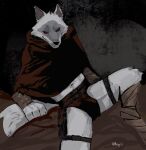  anthro arm_wraps bottomwear bulge canid canine canis clothed clothing death_(personification) death_(puss_in_boots) foot_wraps fur heiqi0 hi_res leg_pouch looking_at_viewer male mammal poncho smile solo spread_legs spreading teeth watermark wolf wraps 