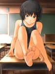  1girl amagami bare_arms bare_legs bare_shoulders barefoot black_hair black_one-piece_swimsuit blue_one-piece_swimsuit blush bob_cut breasts brown_eyes chair chalkboard classroom cleavage closed_mouth competition_swimsuit desk feet foot_focus highres indoors looking_at_viewer nanasaki_ai on_desk one-piece_swimsuit school_chair school_desk short_hair sitting sitting_on_desk solo swimsuit takenoko_saba_otto thighs two-tone_swimsuit v-shaped_eyebrows 