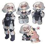  2girls absurdres ammunition_pouch android animal_ears armedrabbit black_bra black_footwear blonde_hair boots bra braid breasts closed_eyes closed_mouth collarbone commission cowboy_shot cup dog_ears english_commentary fang female_commander_(girls&#039;_frontline) full_body g41_(girls&#039;_frontline) girls&#039;_frontline glasses griffin_&amp;_kryuger gun hair_ornament hand_on_another&#039;s_head hand_on_own_hip handgun hazmat_suit heart highres holding holding_cup holster hug knee_pads long_hair looking_down mechanical_arms medium_breasts medium_hair motion_lines multiple_girls navel one_eye_closed open_mouth parted_lips plate_carrier pouch radio red_eyes scar scar_on_stomach shirt simple_background single_mechanical_arm sweat underwear very_long_hair weapon white_background white_hair white_shirt 