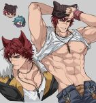  2boys abs animal_ears aphelios armband bara bare_pectorals beanie blue_eyes blue_hair cat_ears chibi chibi_inset clothes_lift denim fur-trimmed_jacket fur_trim grey_background hat headset heartsteel_(league_of_legends) highres holding holding_clothes holding_hat jacket jeans jewelry large_pectorals league_of_legends male_focus male_underwear mask mouth_mask multiple_boys multiple_views muscular muscular_male navel necklace nipples open_pants pants pectorals red_eyes red_hair ronpu_cooing scar scar_on_face scar_on_nose sett_(league_of_legends) short_hair smile solo_focus tank_top thick_eyebrows underwear veins white_tank_top 