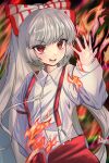  1girl absurdres blunt_bangs bow collared_shirt commentary fire fujiwara_no_mokou grey_hair hair_bow highres long_hair long_sleeves looking_at_viewer nyarocks open_mouth pants red_eyes red_nails red_pants shirt solo suspenders touhou upper_body v-shaped_eyebrows white_bow white_shirt 
