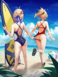  2girls ahoge anger_vein artoria_pendragon_(fate) ass back ball bare_shoulders beach beachball blonde_hair blue_one-piece_swimsuit braid broken butt_crack day fate/apocrypha fate/grand_order fate/stay_night fate_(series) flying_sweatdrops full_body hair_bun halterneck highleg highleg_swimsuit highres legs mordred_(fate) mordred_(fate/apocrypha) multiple_girls one-piece_swimsuit outdoors ponytail red_one-piece_swimsuit revision saber sandals single_hair_bun sky sleeveless standing surfboard swimsuit tonee water 