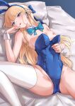  1girl animal_ears bare_shoulders bed blonde_hair blue_archive blue_bow blue_eyes blue_hairband blue_leotard bow bowtie braid breasts detached_collar ear_piercing earpiece fake_animal_ears hairband hand_up highleg highleg_leotard highres leotard leotard_pull long_hair lying medium_breasts microphone multicolored_hair nipples noomaru_(nomorepeople) official_alternate_costume official_alternate_hairstyle on_back on_bed open_mouth piercing pillow playboy_bunny rabbit_ears saliva solo spread_legs streaked_hair thighhighs thighs toki_(blue_archive) toki_(bunny)_(blue_archive) very_long_hair white_thighhighs wrist_cuffs 