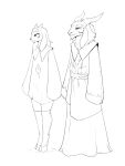  2022 anthro clothed clothing duo fully_clothed girokett greyscale hi_res hooves horn line_art male mammal monochrome simple_background standing white_background 