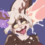  1:1 5_fingers anthro antlers black_eyebrows blue_background blue_eyes blush bodily_fluids brown_antlers brown_body brown_fur cum cum_in_ear dildo dildo_in_ear drooling ear_penetration eyebrows fingers fur genital_fluids genitals hair hi_res horn jackalope keishinkae lagomorph looking_pleasured male mammal open_mouth penetration penis pink_penis pink_tongue saliva sex sex_toy simple_background solo_focus tan_nose teeth tongue tongue_out white_hair 