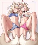  2girls animal_ear_fluff animal_ears barefoot blonde_hair blue_bra blue_eyes blue_hair blue_nails blue_panties bra breasts closed_mouth collar dog_ears dog_girl dog_tail feet foot_out_of_frame fuwawa_abyssgard hair_ornament hairclip heart heart-shaped_pupils highres holding_hands hololive hololive_english interlocked_fingers knee_up large_breasts legs long_hair looking_at_viewer lying mococo_abyssgard multicolored_hair multiple_girls nail_polish navel on_back panties pink_eyes pink_hair pink_nails pink_panties seraziel siblings sisters small_breasts smile streaked_hair symbol-shaped_pupils tail toenail_polish toenails toes triangle_mouth twins underwear virtual_youtuber 
